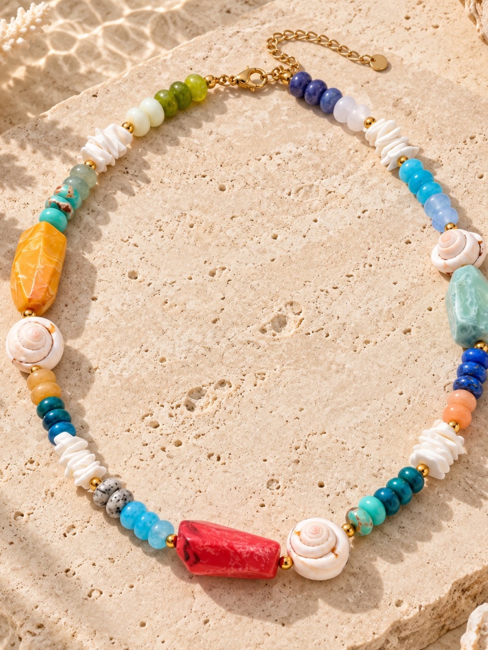 Multicolor Beaded Shell and Stone Necklace with Gold Accents